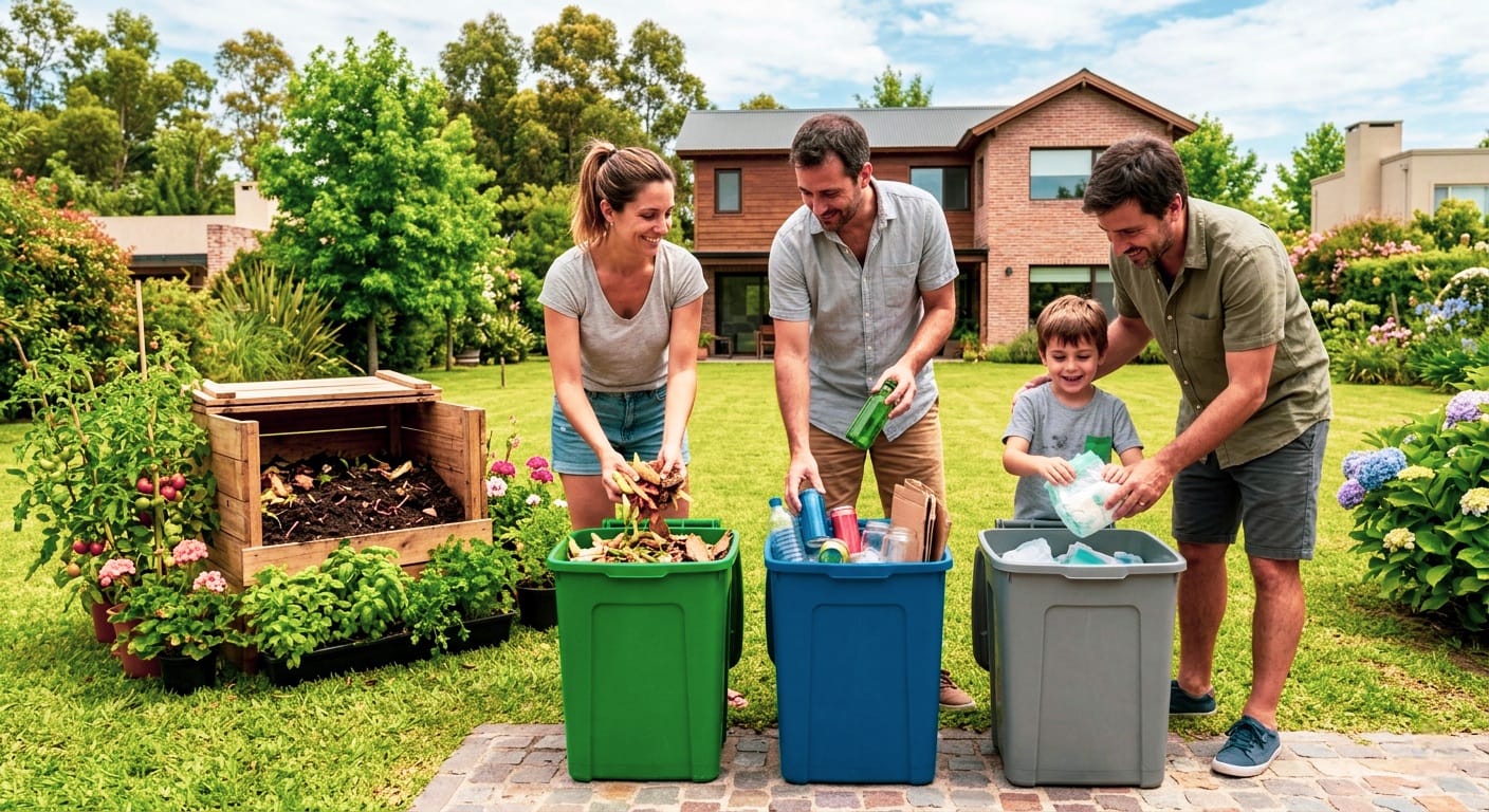 Familia separando residuos en casa